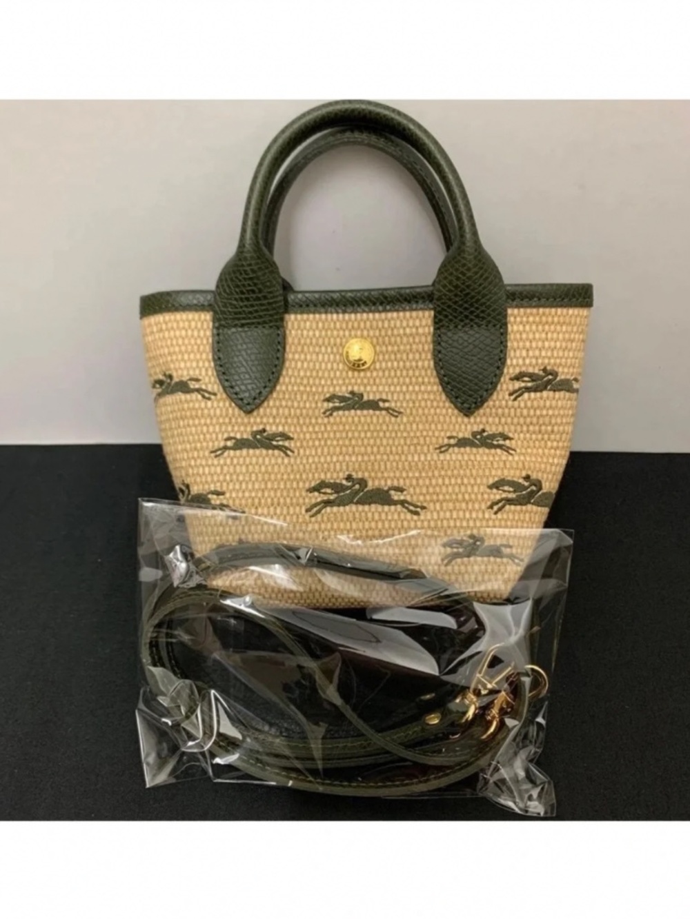 Longchamp Le Panier Green Trim Woven Mini Tote Leaping Horse Motif basket bag